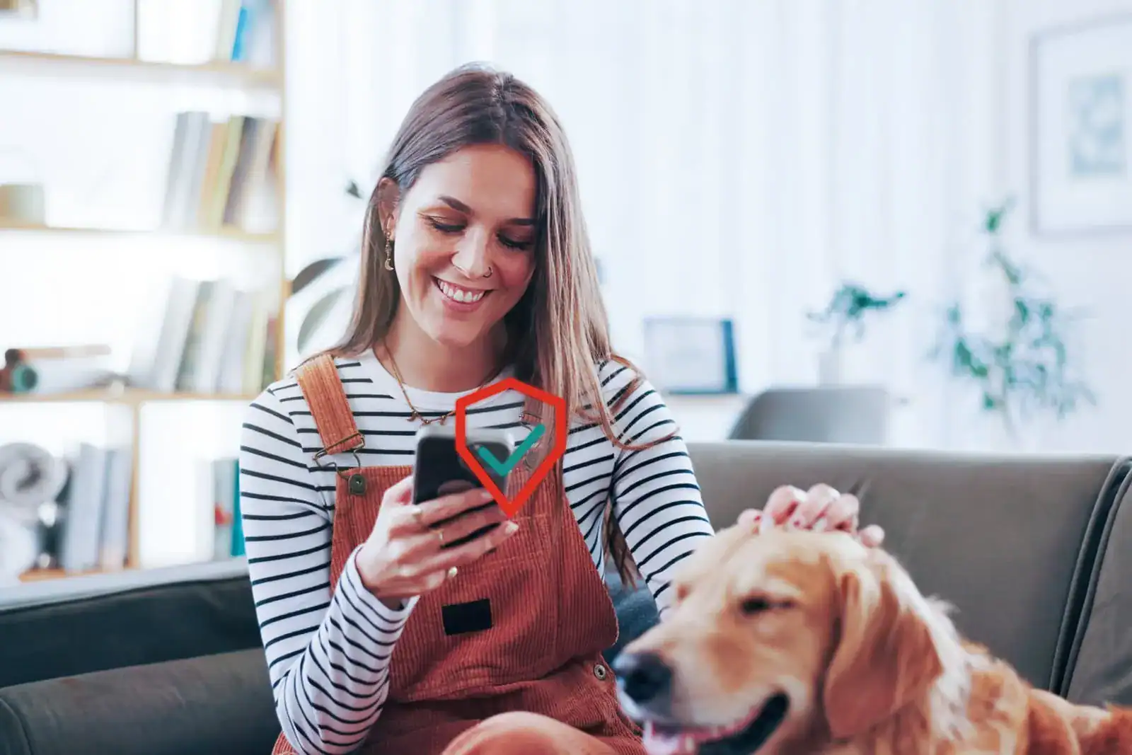 Pet seller holding a smartphone protected by a security shield icon against overpayment and code scams while petting a dog.