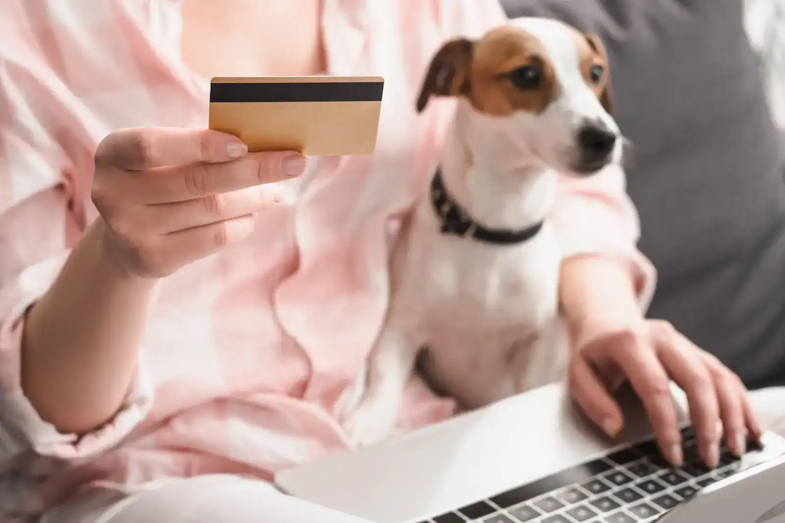 Woman sitting on a couch with her small dog, holding a credit card while using a laptop, pausing before paying to safely buy a pet online and avoid scams.