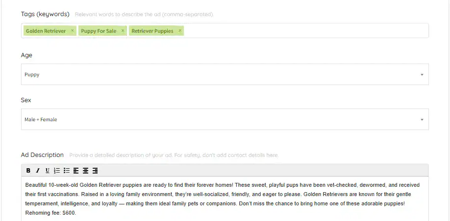 PetClassifieds Post Ad Form Desktop Step 2-2