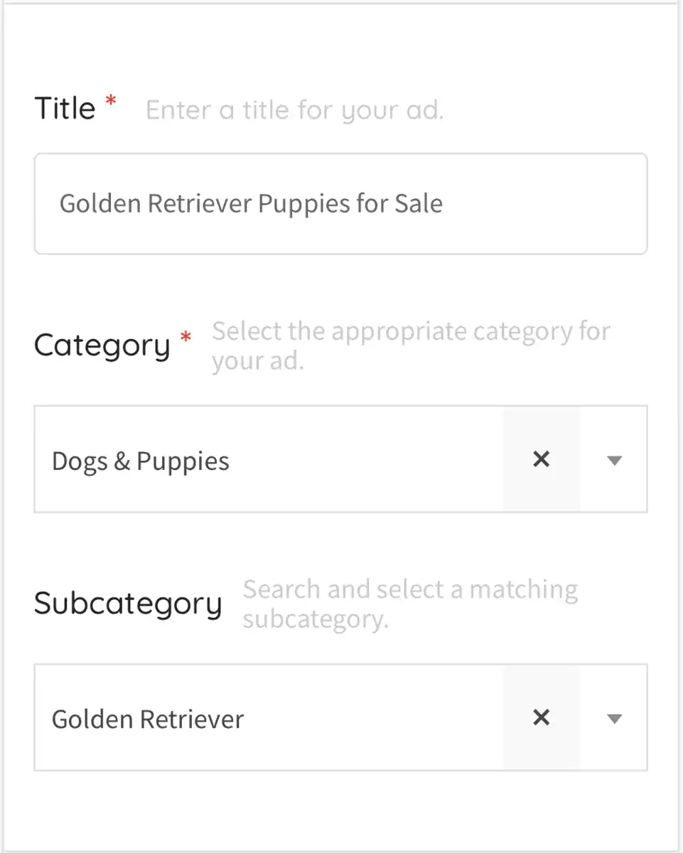 PetClassifieds Post Ad Form Mobile Step 1