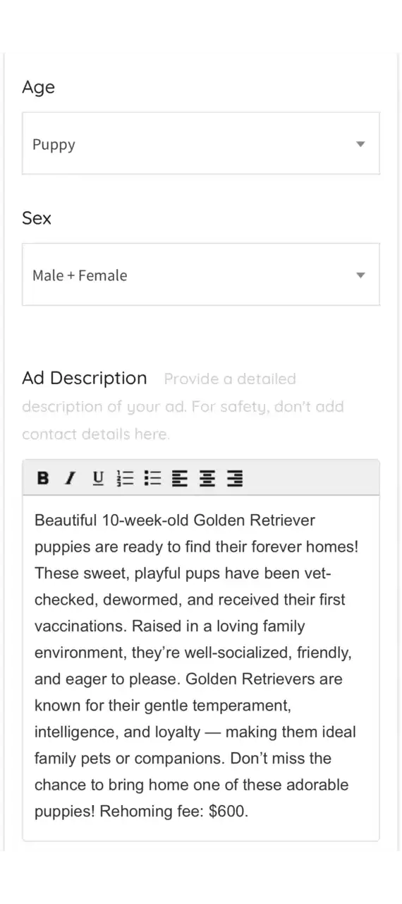PetClassifieds Post Ad Form Mobile Step 2-3