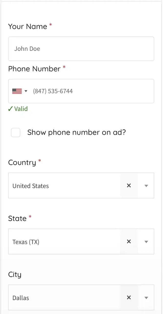 Dog ad listing on PetClassifieds webpage.